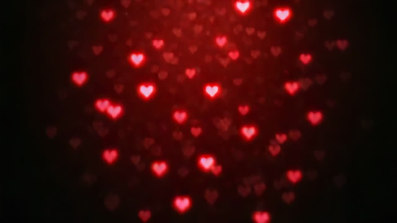 Un cuore singolo che sboccia appare in alto al centro su una tenda scura, bokeh a forma di cuore rosso che forma una colonna, pulsante