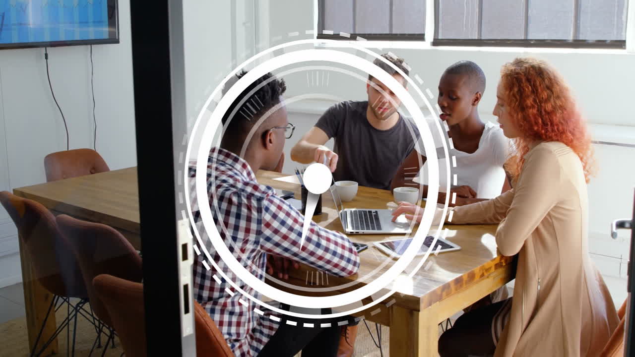 Collaborating at table, diverse team discussing project with clock animation overlay