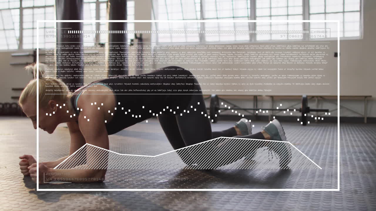 체육관에서 플랜크를 하는 백인 여성에 대한 데이터 처리의 애니메이션