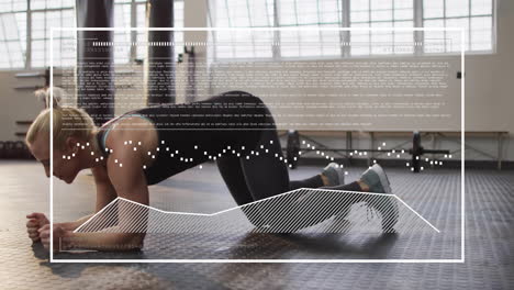 animación de procesamiento de datos sobre mujer caucásica haciendo tabla en el gimnasio