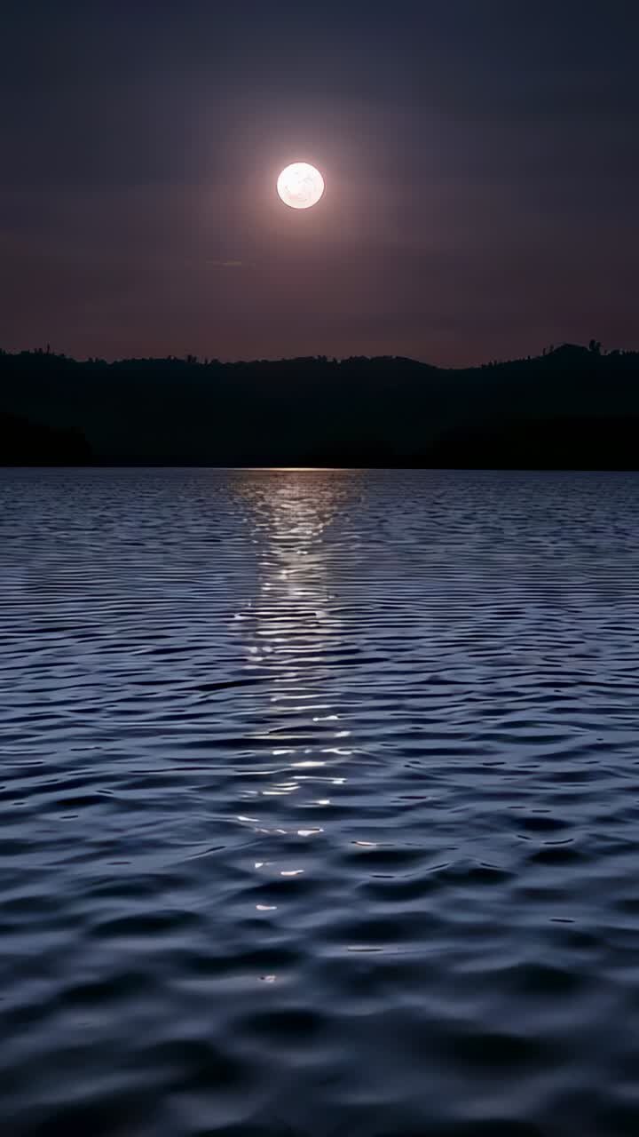 Video verticale: luna piena luminosa che proietta la luce sul lago mentre la brezza increspa l'acqua, colline