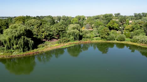 high resolution 4k beautiful drone aerial panoramic video of the famous chicago botanical gardens during a sunny beautiful day- usa