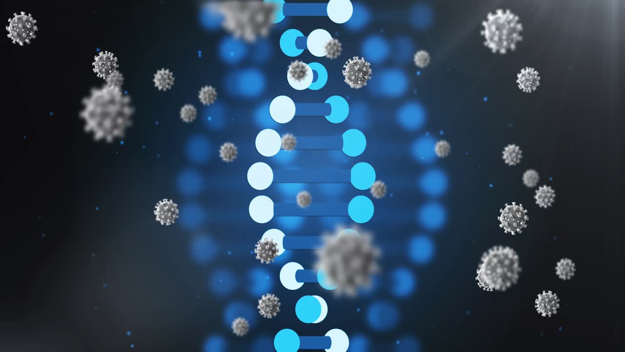 Animation af virusceller over DNA-strenge