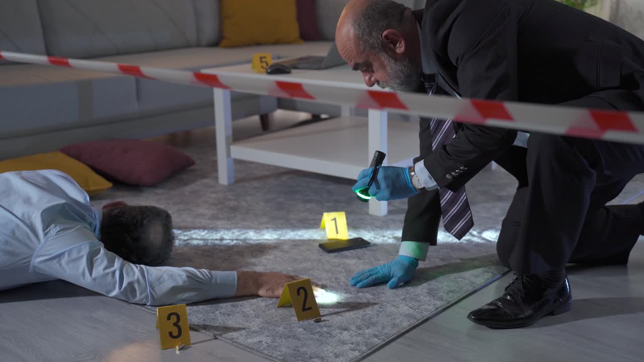 De detective onderzoekt het lichaam op de plaats delict en probeert de moord op te lossen.