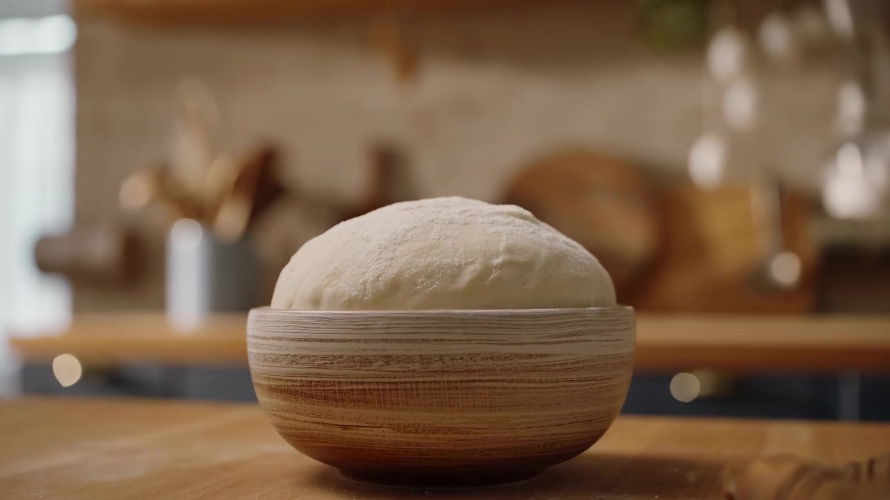 Close frontal view shows pale dough gradually swelling from wooden bowl, becoming broader and flatter as it rises while warm kitchen background stays softly blurred around work surface.
