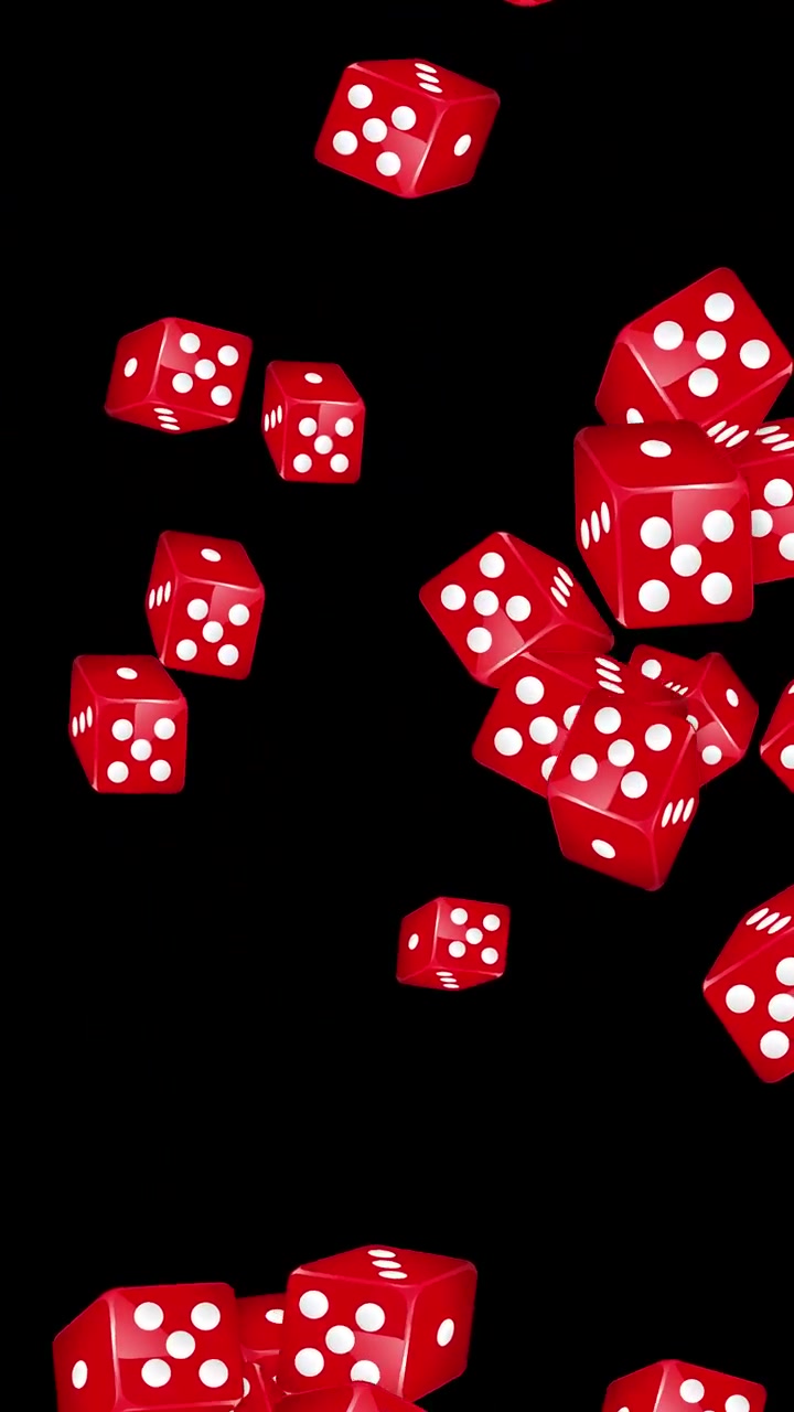 Dadi da gioco rossi esplodono e cadono attraverso lo spazio nero in una motion graphic verticale dinamica