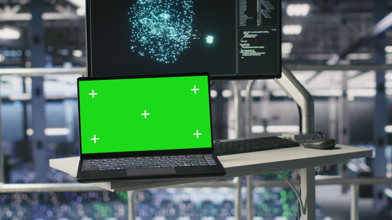 Isolated screen laptop automating supercomputers hardware inside server hub