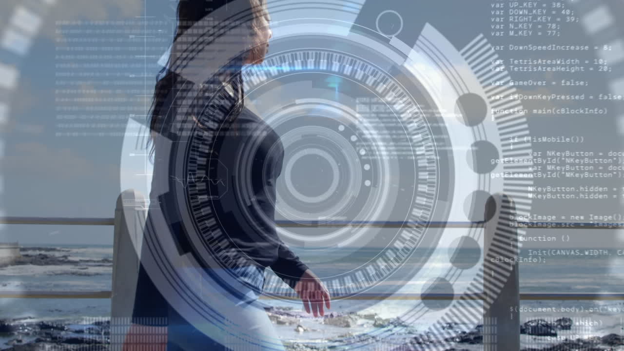 animación de escaneo de alcance sobre mujer con extremidad artificial caminando por la orilla del mar