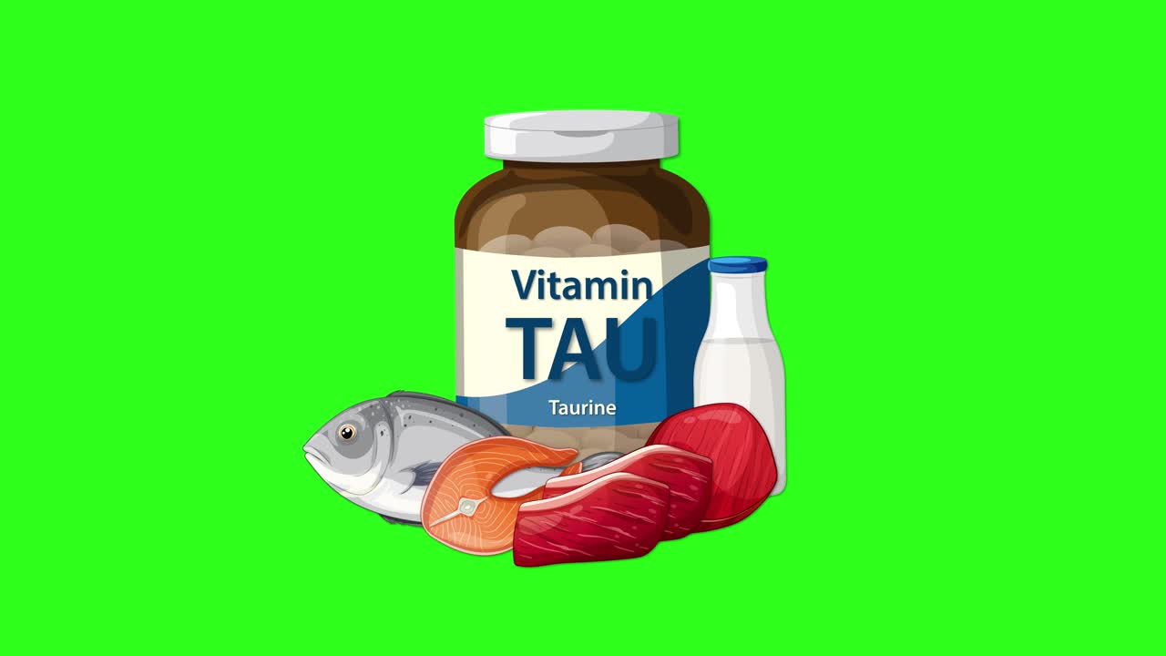 Taurine supplement bottle with fish, meat, and milk appears on green screen, smooth animated transition