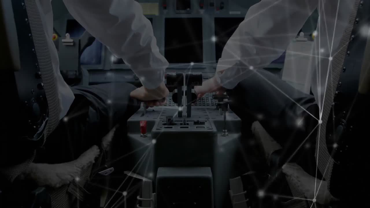 비행기 조종실에서 볼 수 있는 글로벌 연결 네트워크의 애니메이션