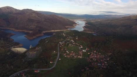 aerial view of dam and village of lindoso in portugal