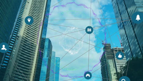 social media icons and network connections animation over city skyscrapers