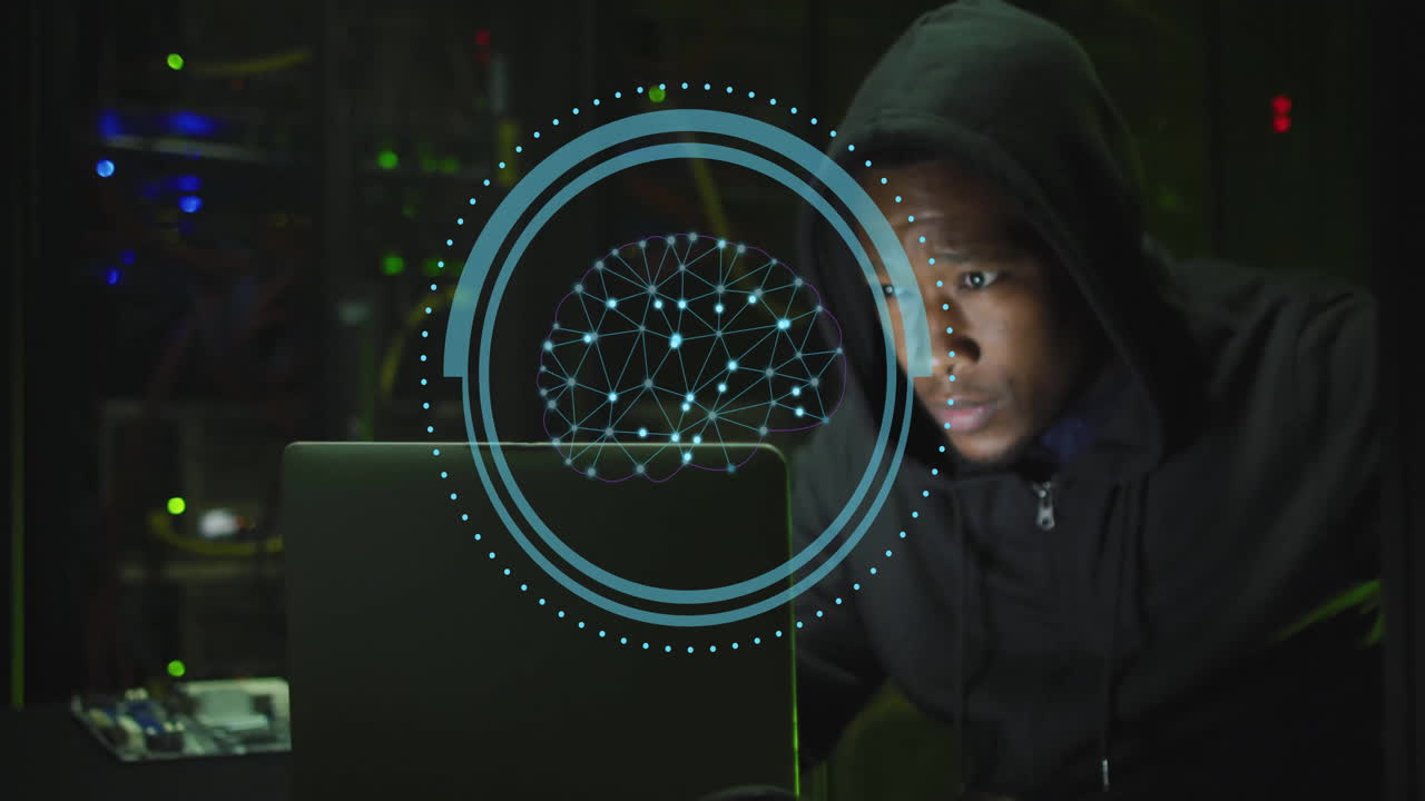 Animation of human brain ai data processing over african american man using lapt