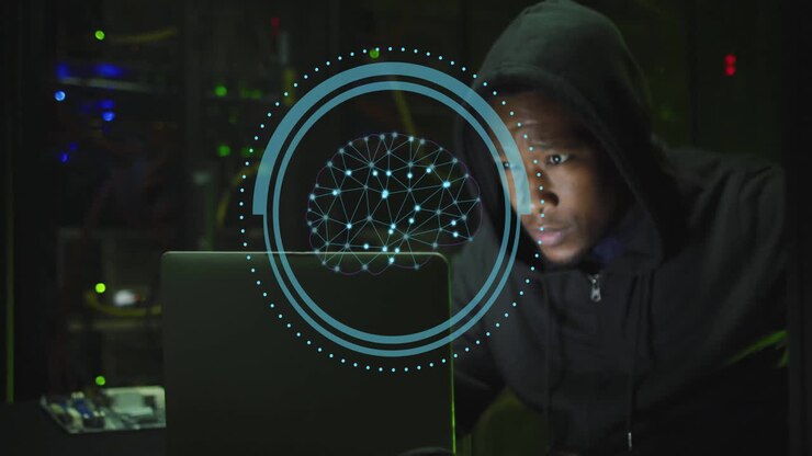 Animation of human brain ai data processing over african american man using lapt