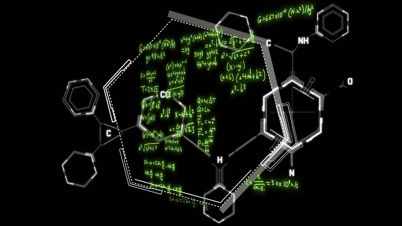 검은 바탕 위에 수학적 공식과 과학적 데이터 처리의 애니메이션