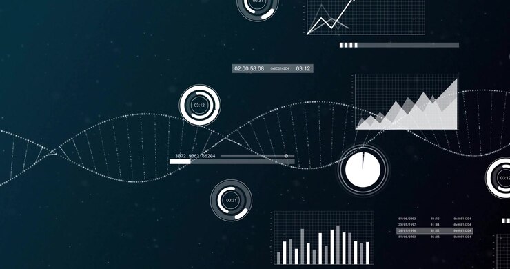 Teal particles starting interface sliding in as helix animating and gauges visualizing live data
