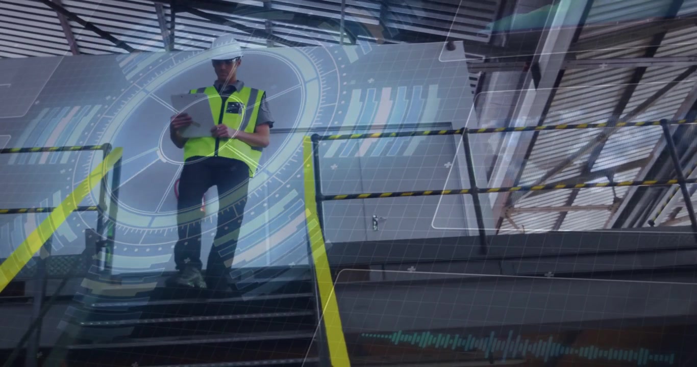 Video vertical: Ingeniero de obra iniciando el descenso, revisando una tablet, verificando la seguridad, con HUD mostrando.