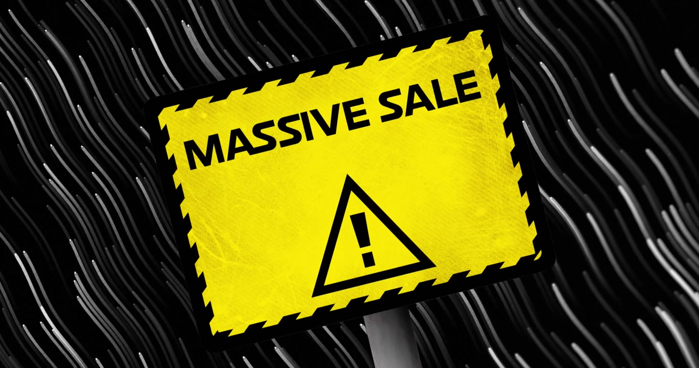 Animation of massive sale on sign over black background with waves