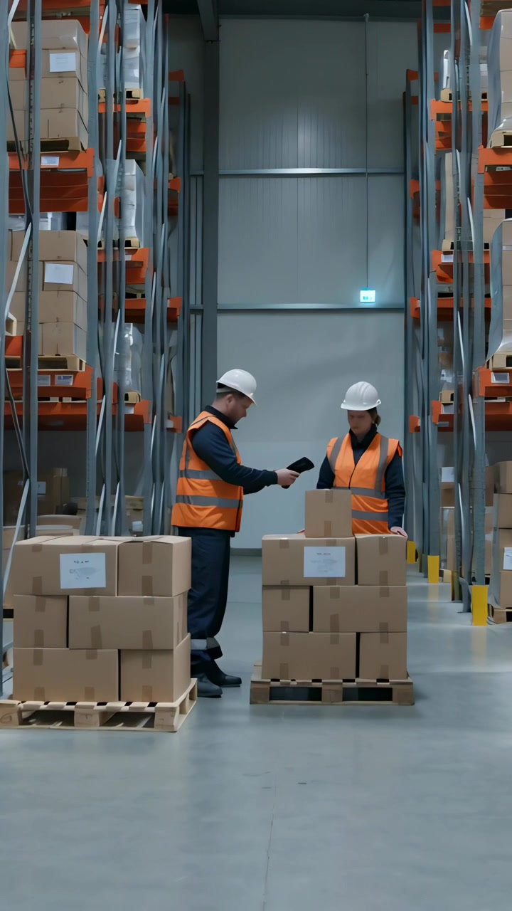Video verticale: Personale con gilet che scansiona le etichette delle scatole dopo aver toccato lo scanner in un deposito per l'inventario.
