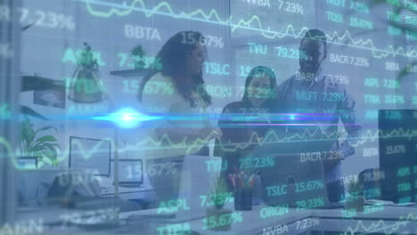 animation of stock market and light trails over diverse business people