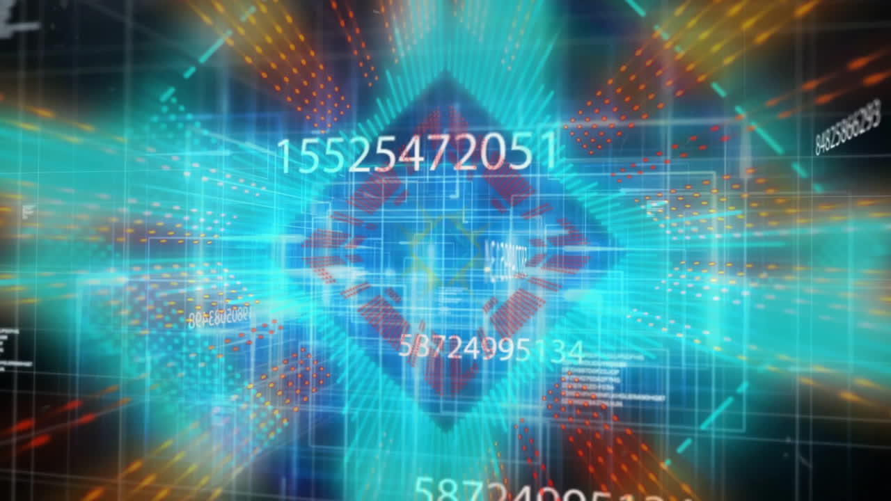 Digital numbers and geometric patterns forming complex data visualization animation