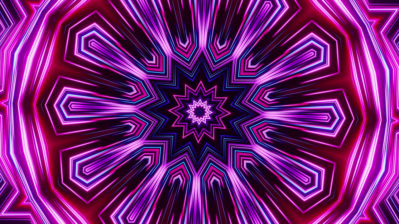estrella púrpura y azul con fondo negro y estrella rosa y azul. ciclo de caleidoscopio vj