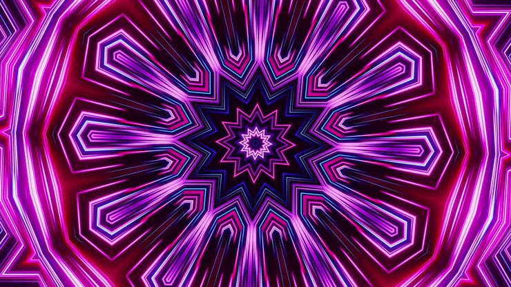 Estrela roxa e azul com fundo preto e estrela rosa e azul. Loop VJ de caleidoscópio