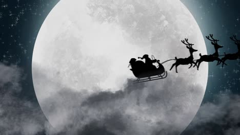 silhouette of santa claus in sleigh being pulled by reindeers against moon