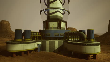exploration facility on an alien landscape during a dusky atmosphere