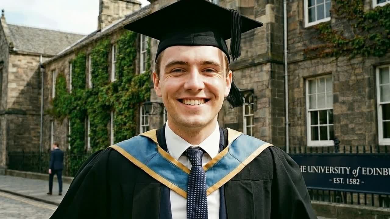 Happy graduate showing diploma certificate close to camera with university building background and formal attire