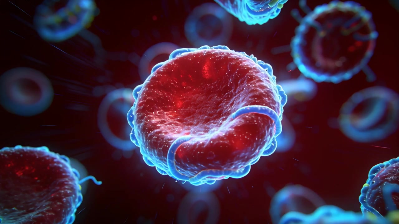 Approaching camera centering on single red blood cell inside blood plasma, revealing blue membrane