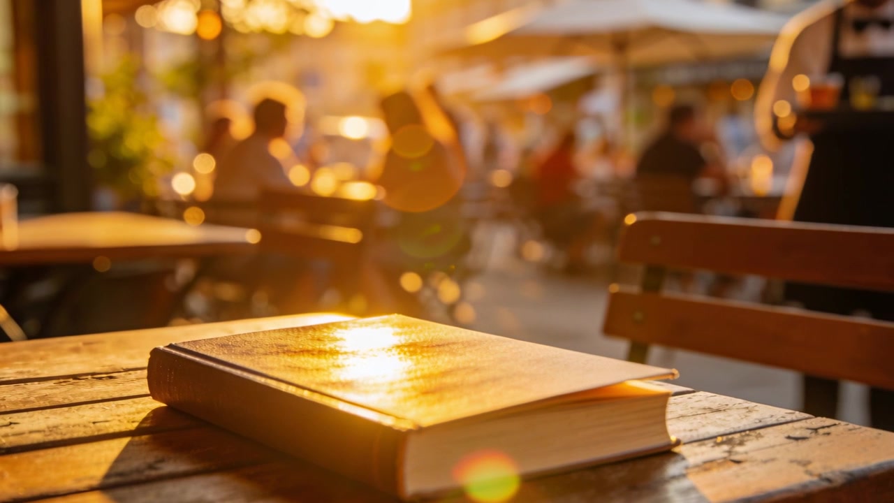 Un libro appoggiato su un tavolo da patio, illuminato dalla luce, mentre un cameriere in grembiule entra portando un vassoio per servire i clienti