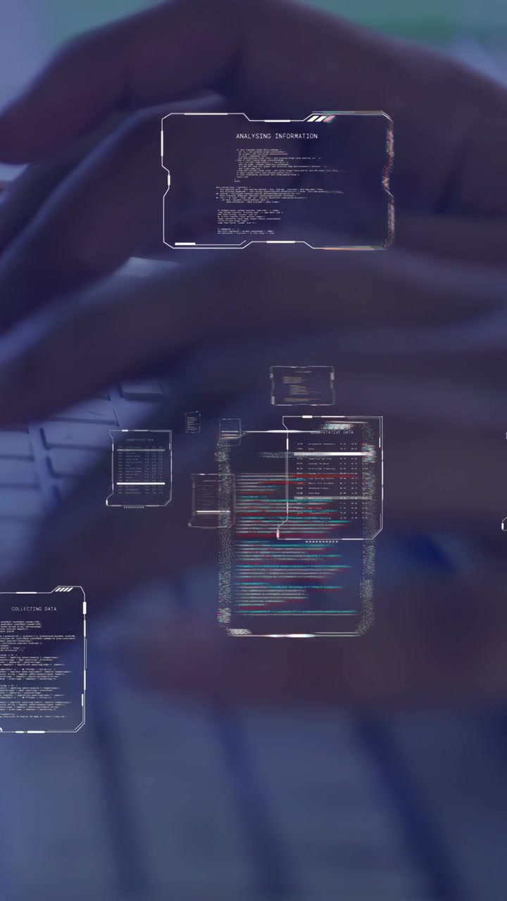 Vertical video: Female hands hovering then typing on keyboard, causing holo code panels for coding