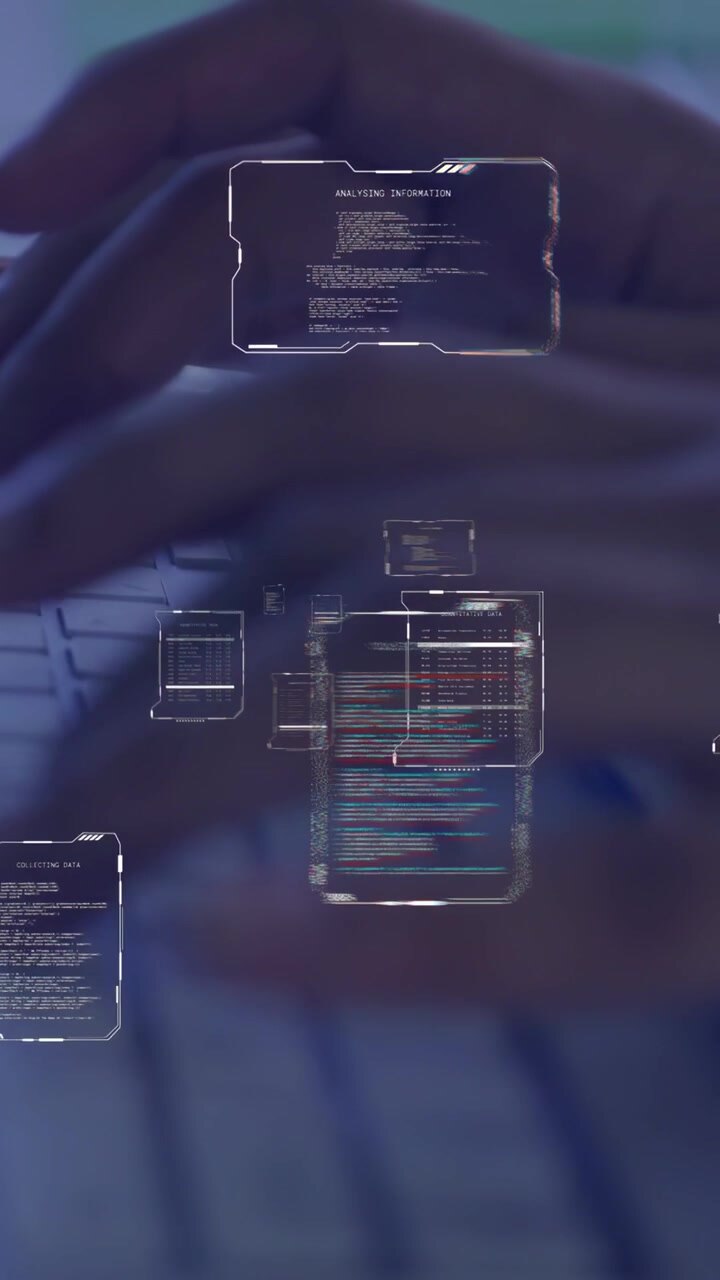 Vertical video: Female hands hovering then typing on keyboard, causing holo code panels for coding