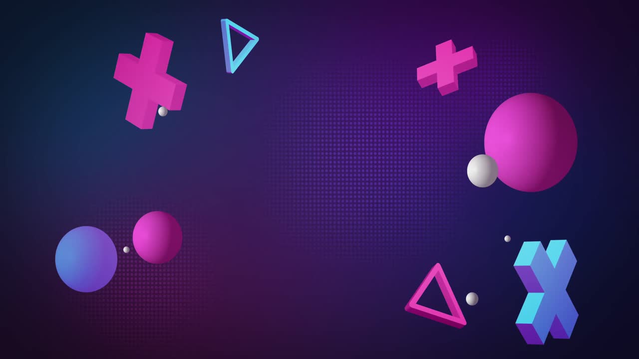 Animation of colourful shapes floating on blue background