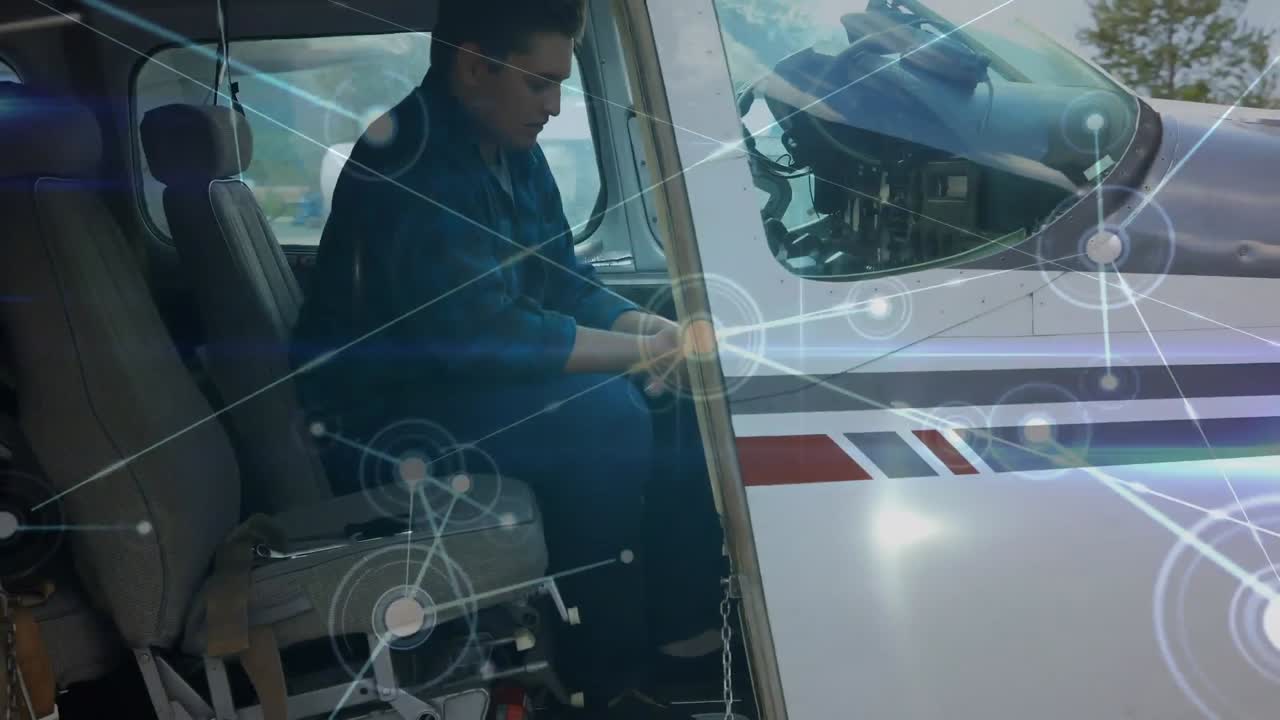 animación de la red de conexiones sobre el piloto en el avión