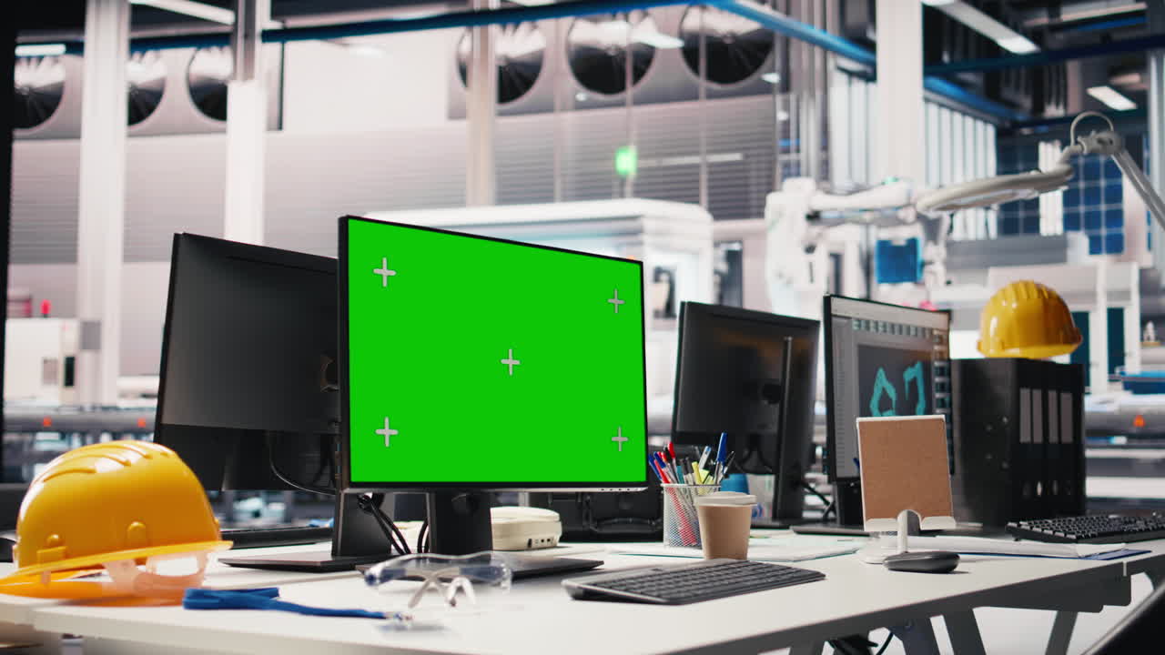 Vertical Video Chroma key display in photovoltaics factory used to oversee production line