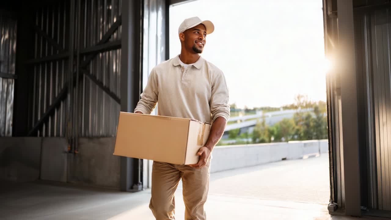 A dedicated delivery worker carrying a cardboard box from a warehouse as sunlight pours in, showcasing the commitment to logistics and the importance of timely deliveries in the modern economy