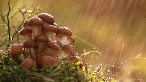 hongos armillaria de agarico de miel en un bosque soleado bajo la lluvia.
