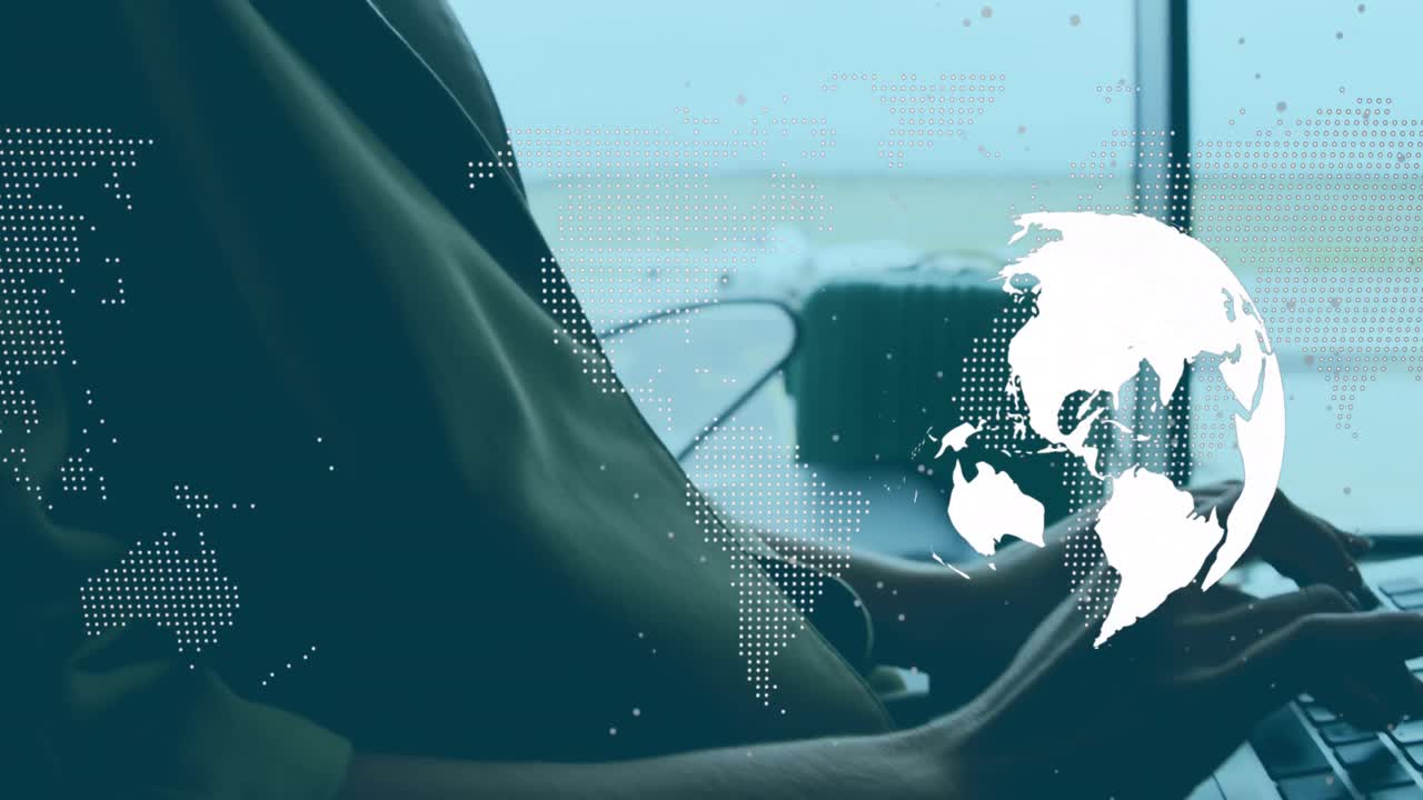 세계 지도와 지구상의 애니메이션 컴퓨터와 함께 백인 사업가