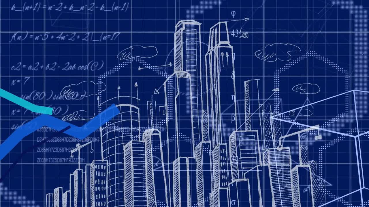 animación del procesamiento de datos financieros sobre el paisaje urbano