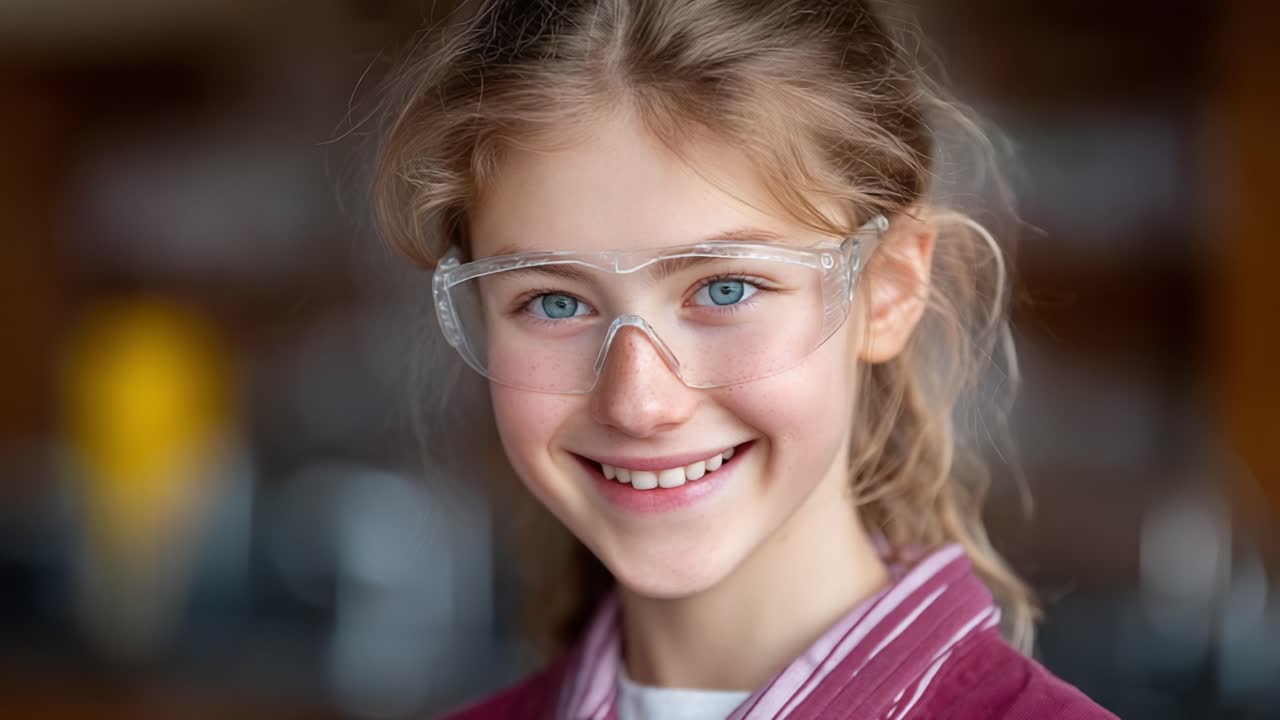 A Young Girl Smiles Confidently While Wearing Protective Glasses, Showcasing Safety and Enthusiasm in a Learning Environment