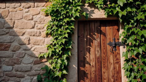 rustic stone wall adorned with ivy and an old wooden door