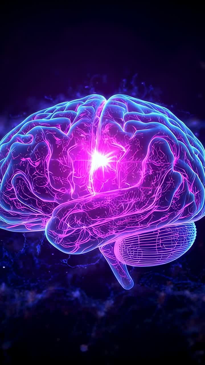 Video verticale: cervello al neon pulsante con nucleo magenta-bianco che illumina filamenti nello spazio profondo