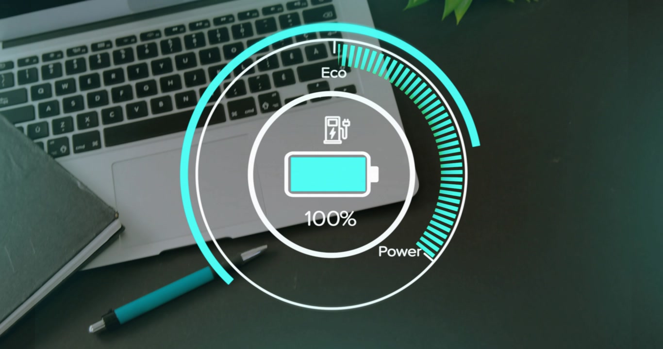 Charging plug appearing, circular battery HUD filling to 100% then draining, showing Eco or Power ta