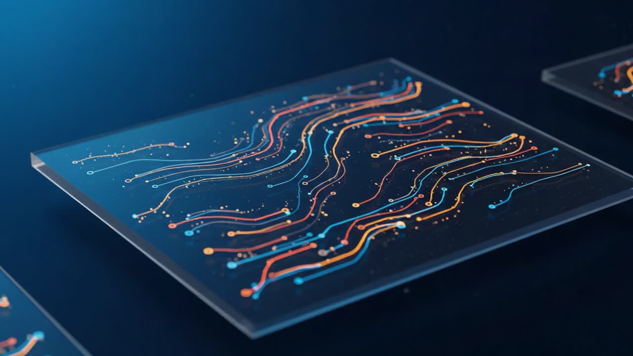 Abstract Visualization of Data Patterns: An Artistic Representation of Flowing Lines with Colorful Nodes on a Transparent Surface in a Digital Environment