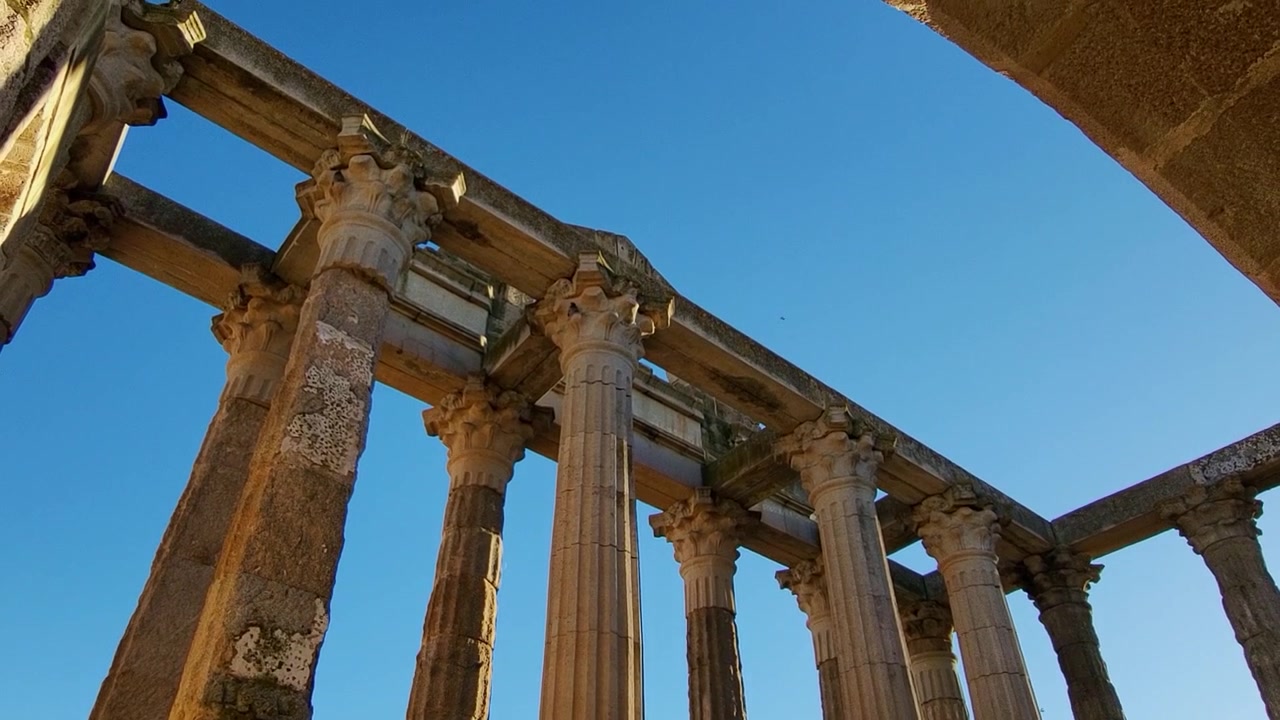 Roman Temple of Diana. Mérida. Spain. Ruins of a Roman temple with tall columns. Architecture of the Roman Empire.