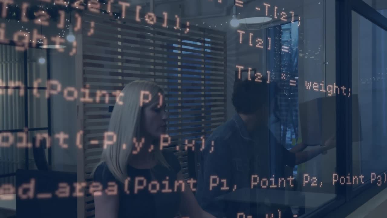 Animation of data processing over diverse business people in office