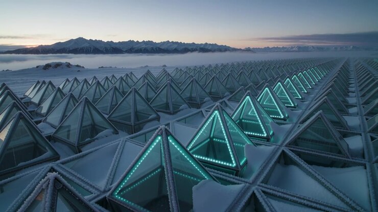 Pulling back, camera revealing rows of triangular glass pyramids on snow field, teal LED strips