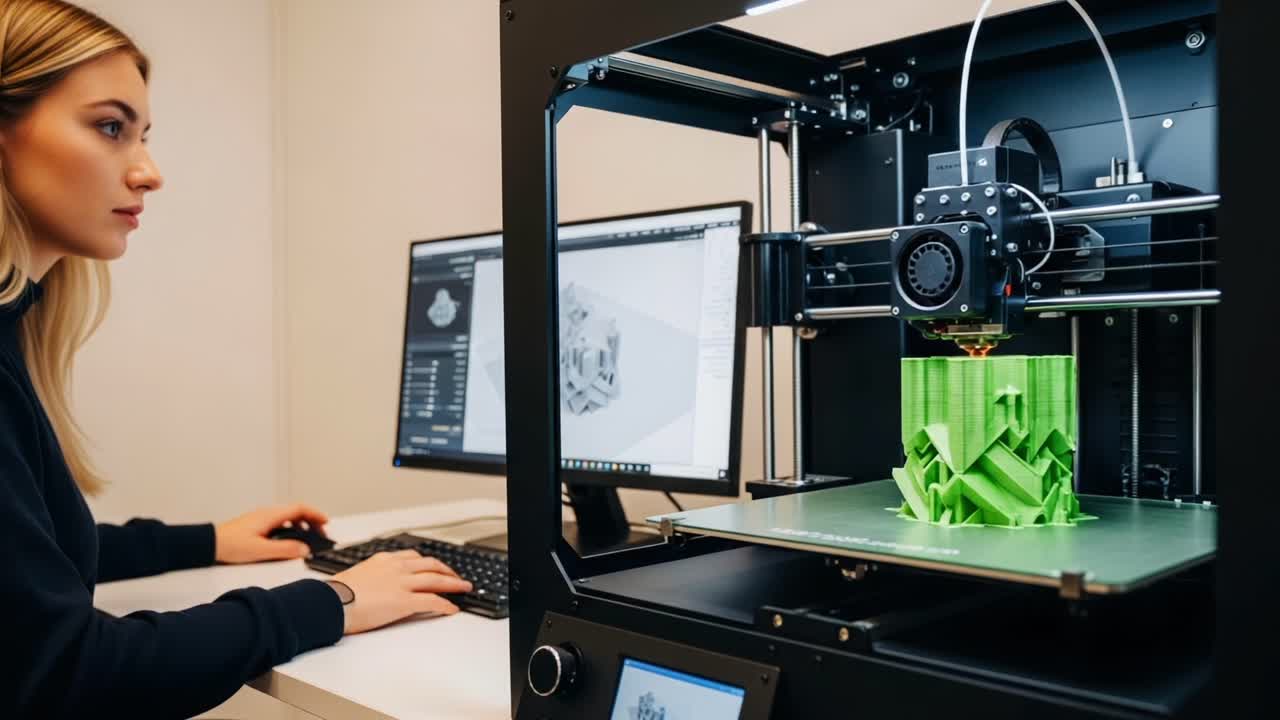 A focused individual monitors the intricate process of 3D printing, showcasing the blend of technology and creativity in producing a detailed green model from a design software interface